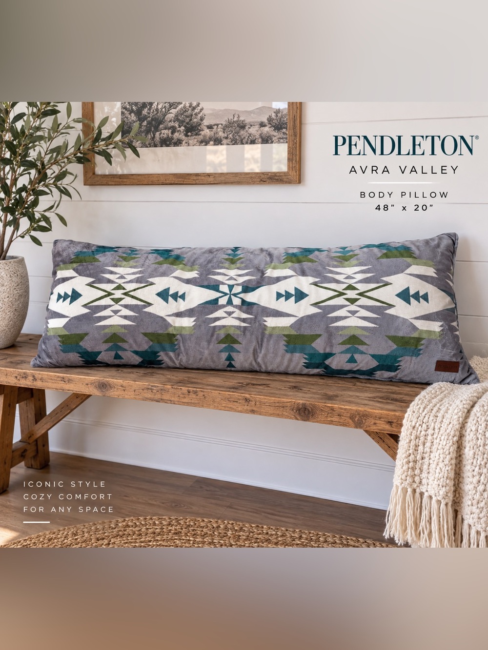 Pendleton Avra Valley Oversized Sherpa Body Pillow 48x20 Gray Teal Southwestern